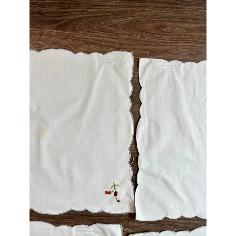 Vintage 5pc Cloth Napkins White Cotton Red Floral Rose Embroidery AS IS 15